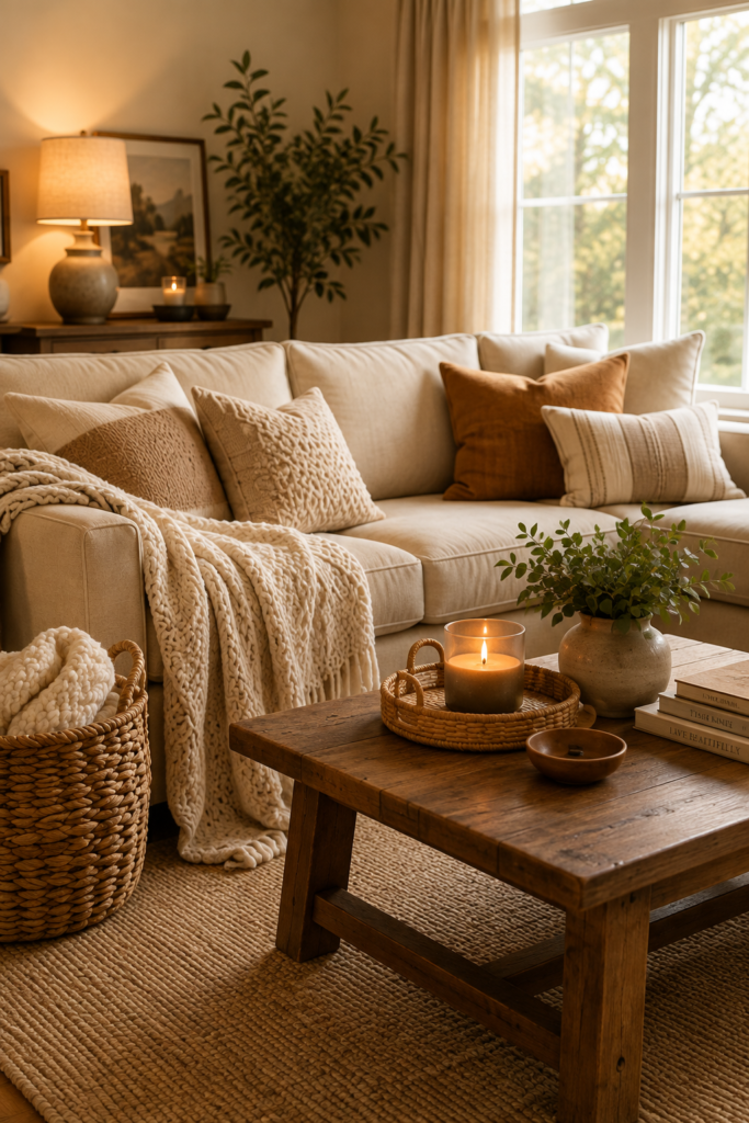 Couch with a throw blanket and pillows in a living room