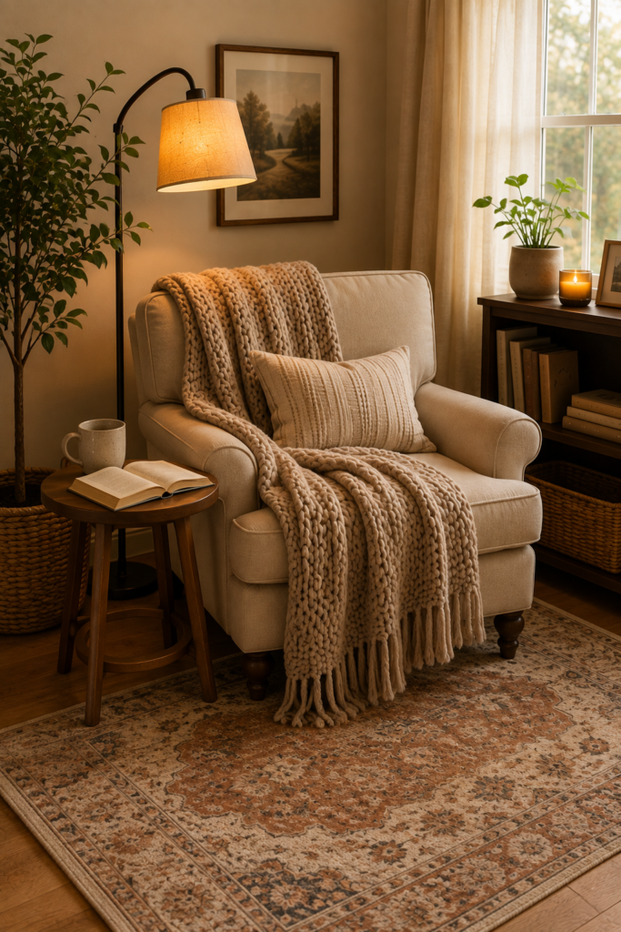 sitting area with chair and throw blanket