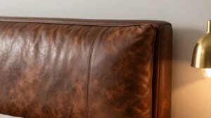 Closeup of a leather headboard corner with rich patina and brass lamp glow