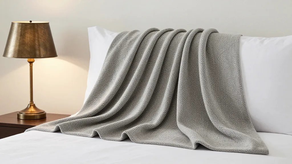 Chenille throw texture draped over bed with aged bronze bedside lamp light